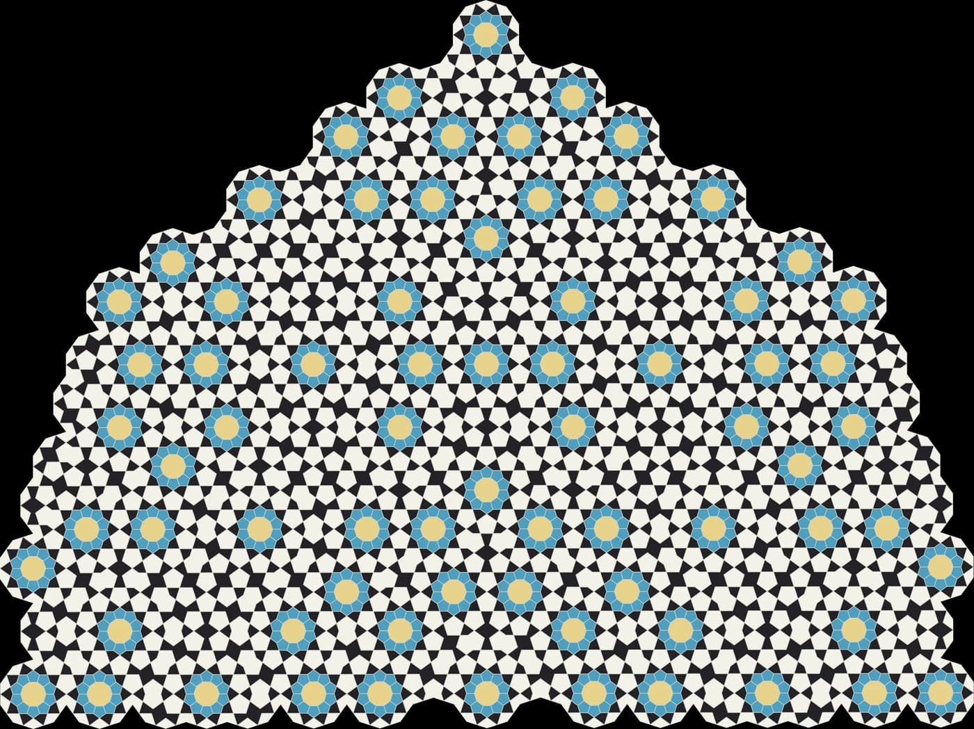 An arched tympanum of black and white girih with turquoise and gold rosettes; after the Darb-e Imam shrine, Isfahan.