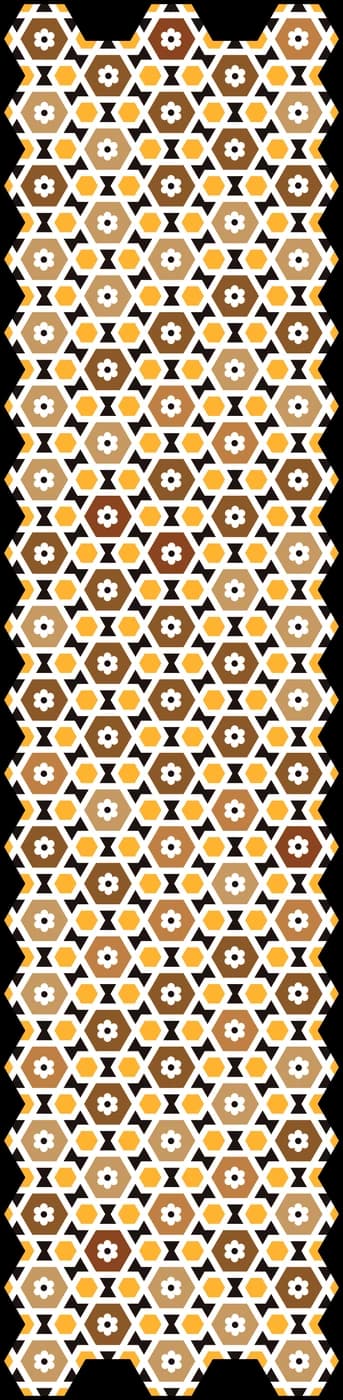 A tall strip of hexagons with white flowers, gold stars and black bowties; after the tomb of Itmad-ud-Daulah, Agra.