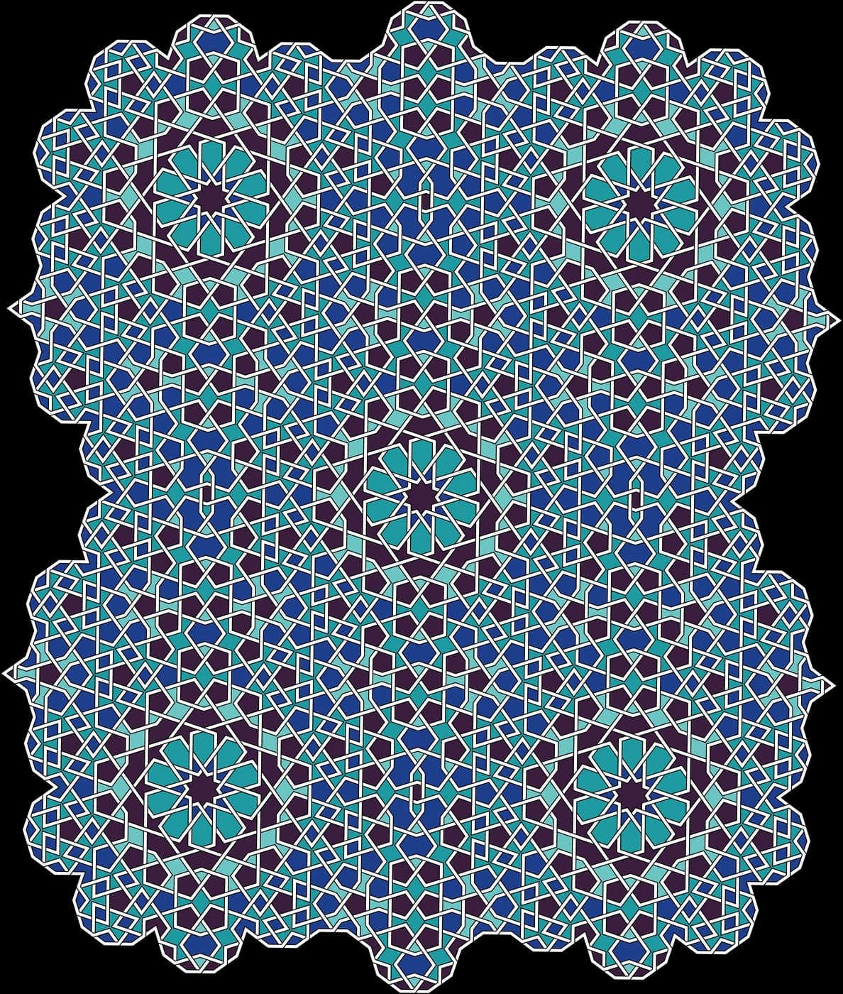 A dense turquoise, blue and aubergine interlace around ten-point rosettes; after the Karatay Madrasa, Konya.