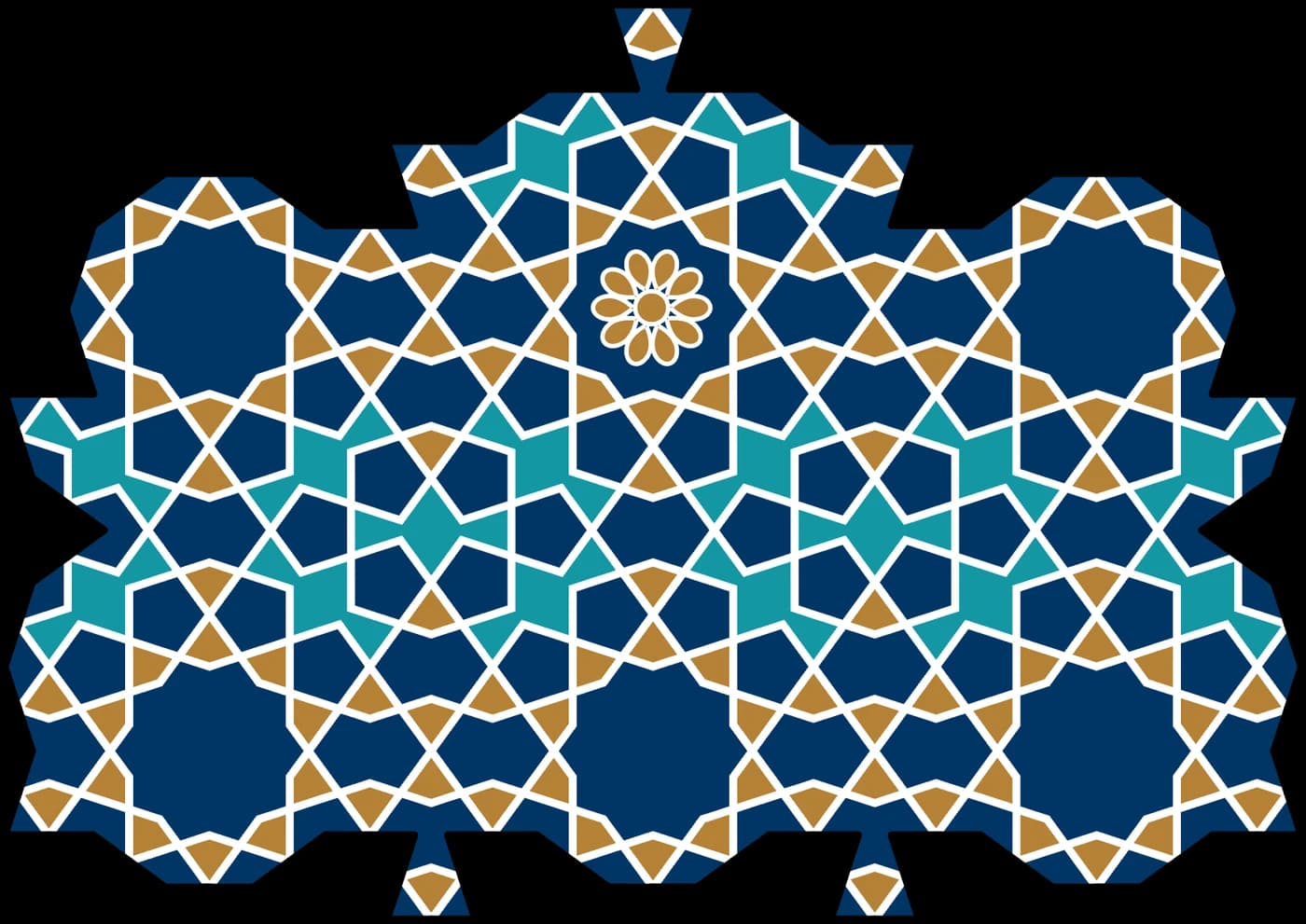 A navy, teal and gold tympanum of eight-point stars around a central rosette; after the Muradiye complex, Bursa.