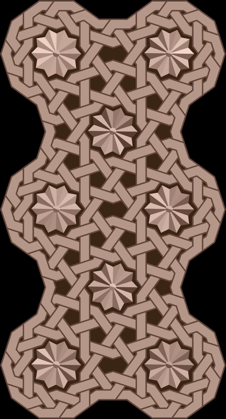 A tall lobed panel of woven stone-coloured bands around carved star bosses; after the portal of the Sultan Han near Kayseri.