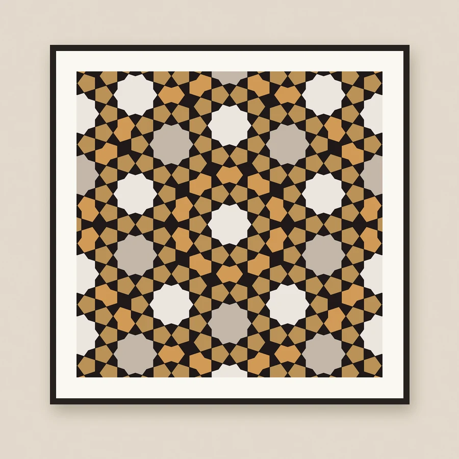 The same pattern printed in full colour and framed on a plaster wall.