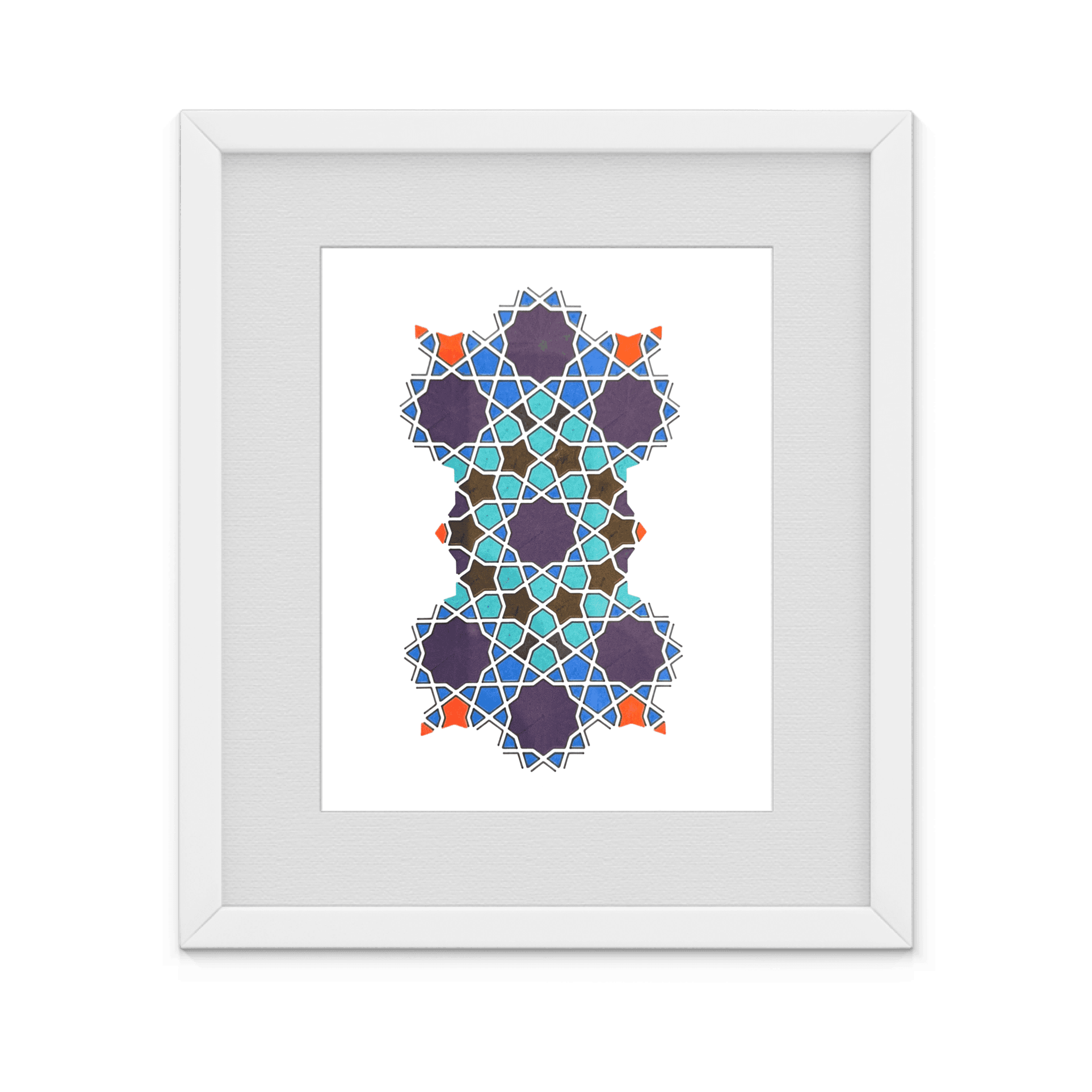 Framed geometric print — a girih star-and-polygon mosaic in blue, violet, teal and ochre with orange accents.