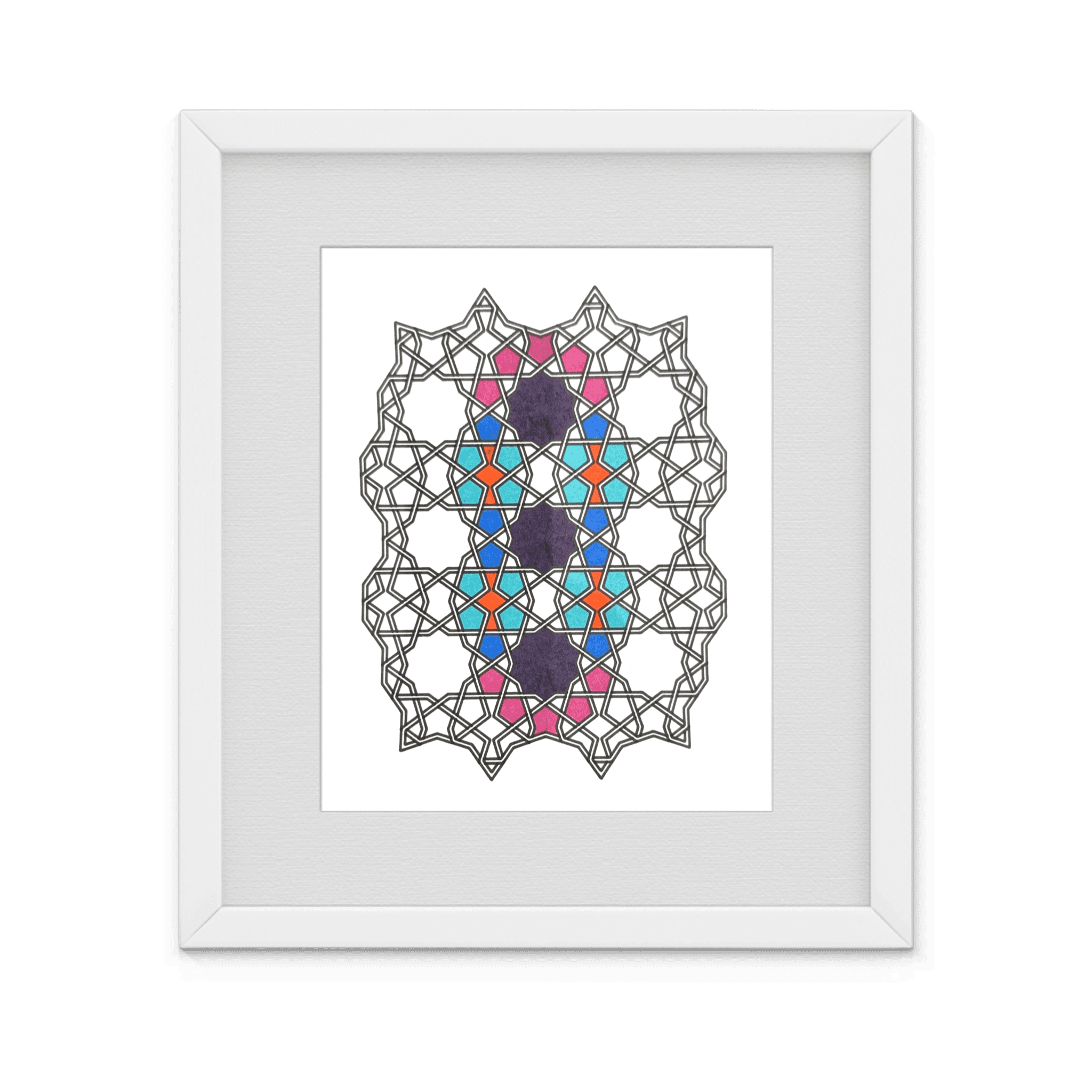 Framed geometric print — a black interlaced strapwork lattice of stars over a violet, pink, blue and teal core; after the shrine at Gazargah, Herat (1425).