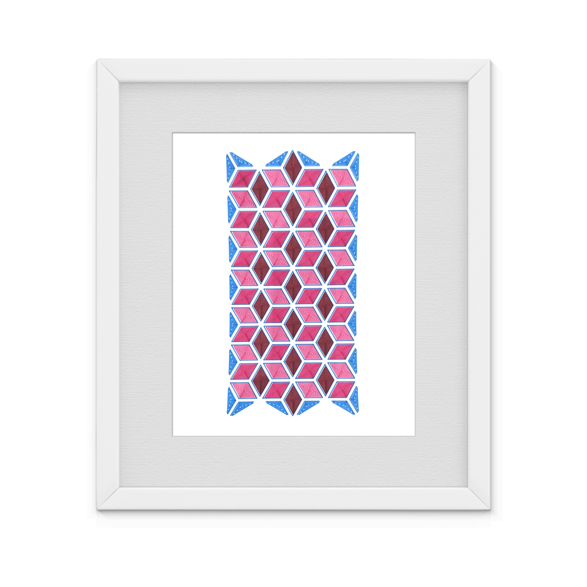 Framed geometric print — interlocking rhombi forming a cube-like weave in rose, crimson and blue.