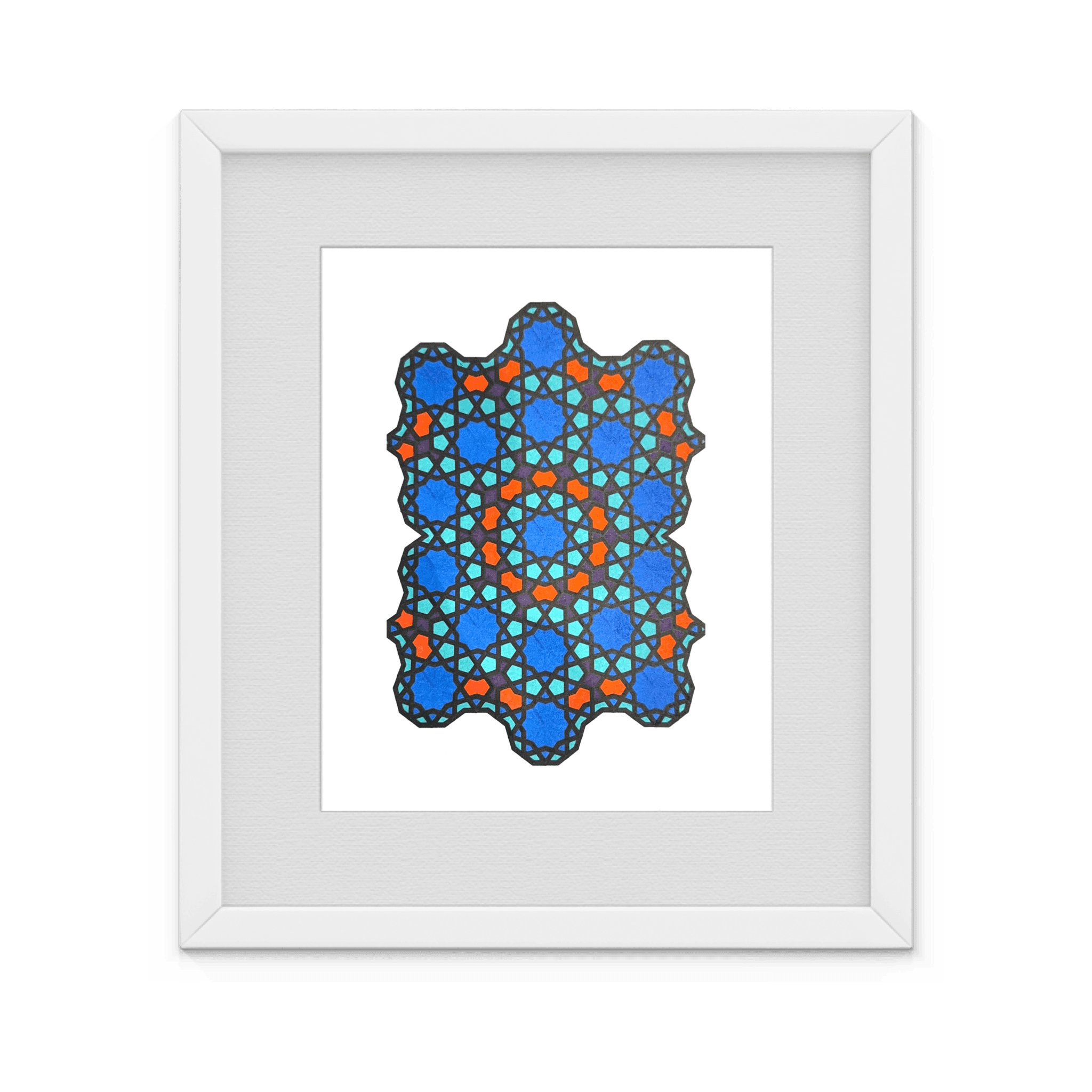 Framed geometric print — a cobalt eight-point star tessellation with teal stars and orange accents; after the Darb-i Imam shrine, Isfahan (1453).